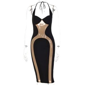 Black Mesh Patchwork Sleeveless Backless See Through Dress